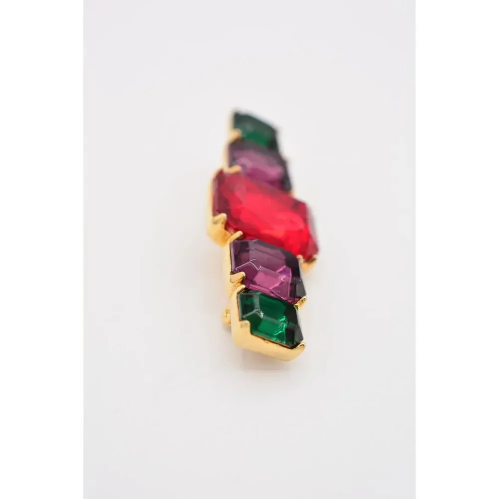Vintage Crystal Bar Pin Brooch Baguette Rhinestone Multi-Color Gold 1980s BinAT